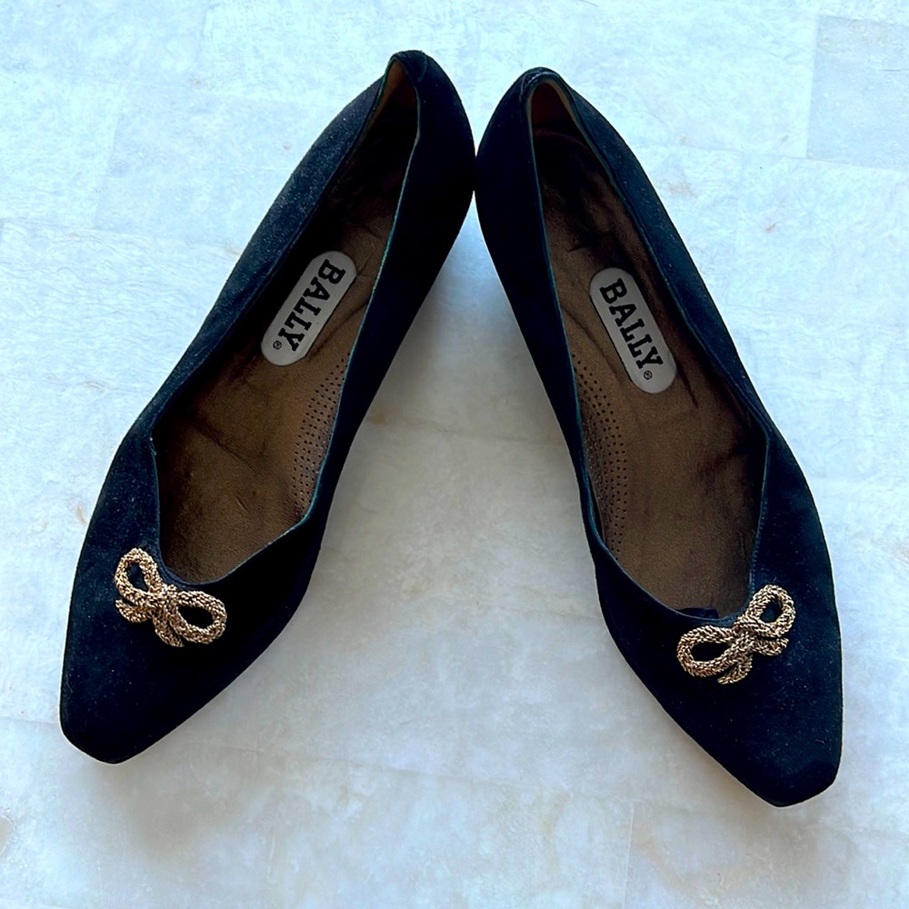 Bally Italian suede low heels with gold bow